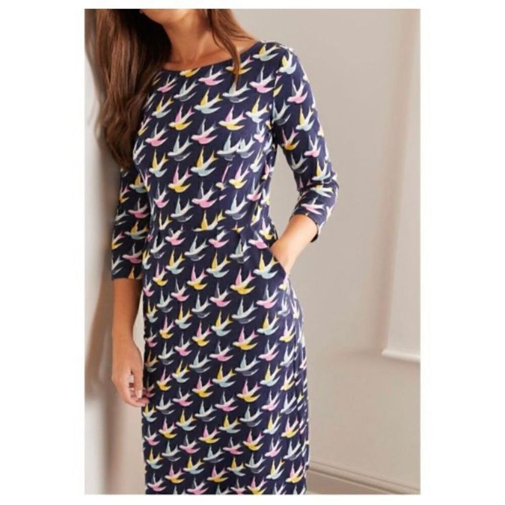 Boden Penny Jersey Swallow Dress Navy Blue